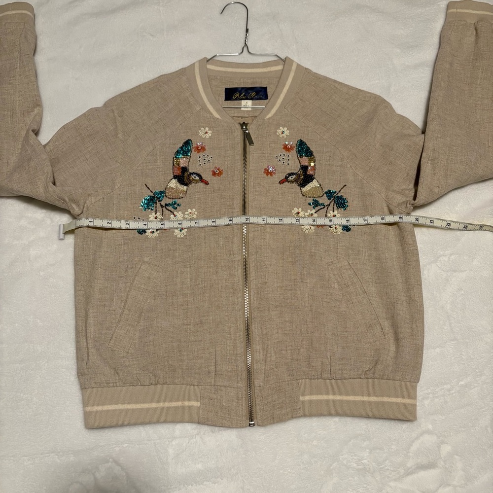 Anthropologie Blue Rain Sequin Hummingbird Bomber Jacket Size Small (S) - Picture 10 of 15